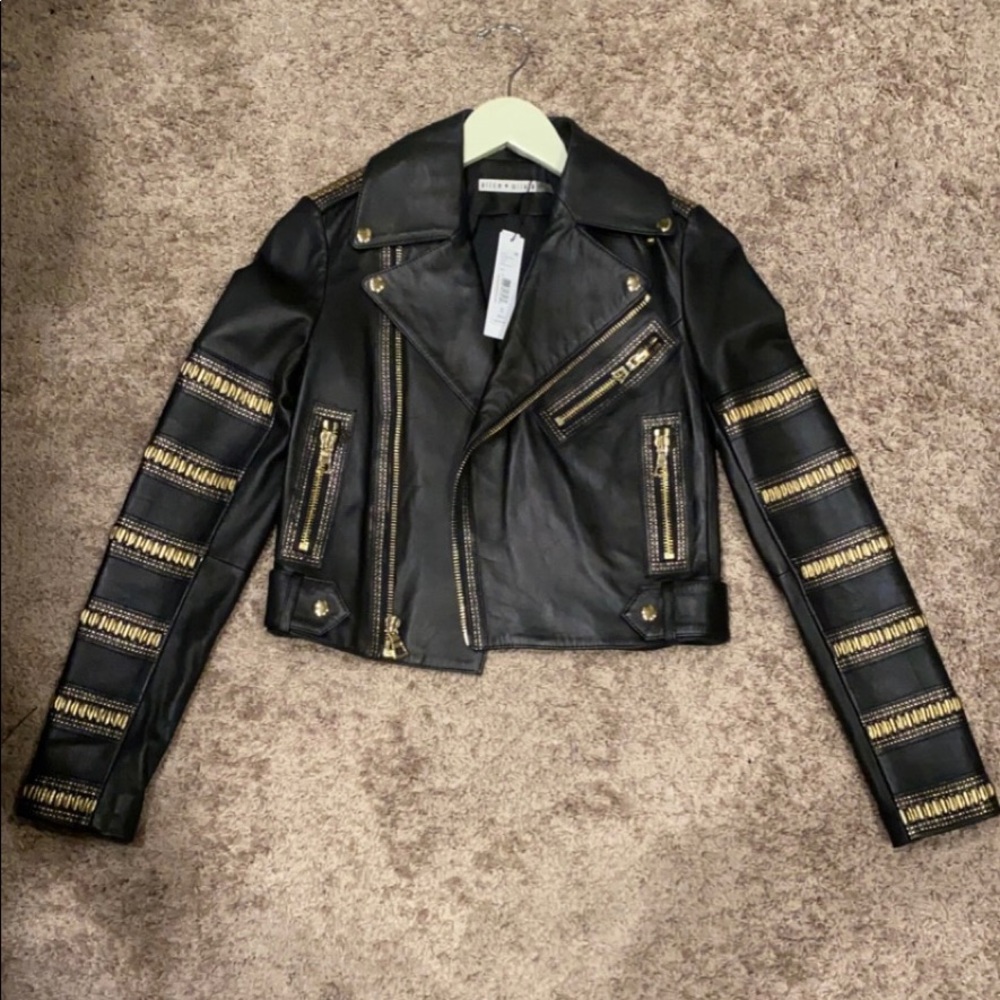 BLACK & GOLD leather Alice & Olivia jacket size XS - Picture 1 of 6